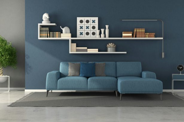 Blue modern living room with shelves,books and decor objects