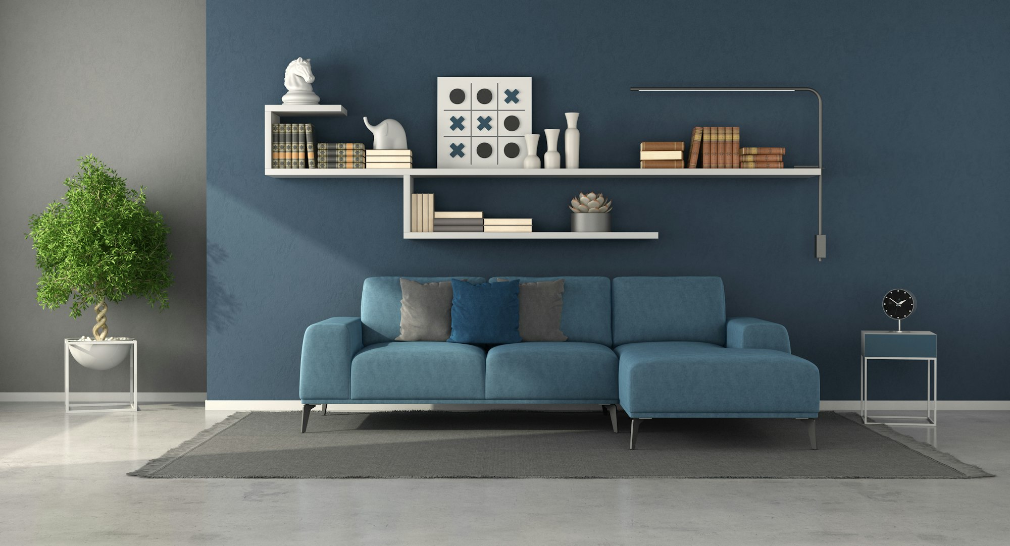 Blue modern living room with shelves,books and decor objects